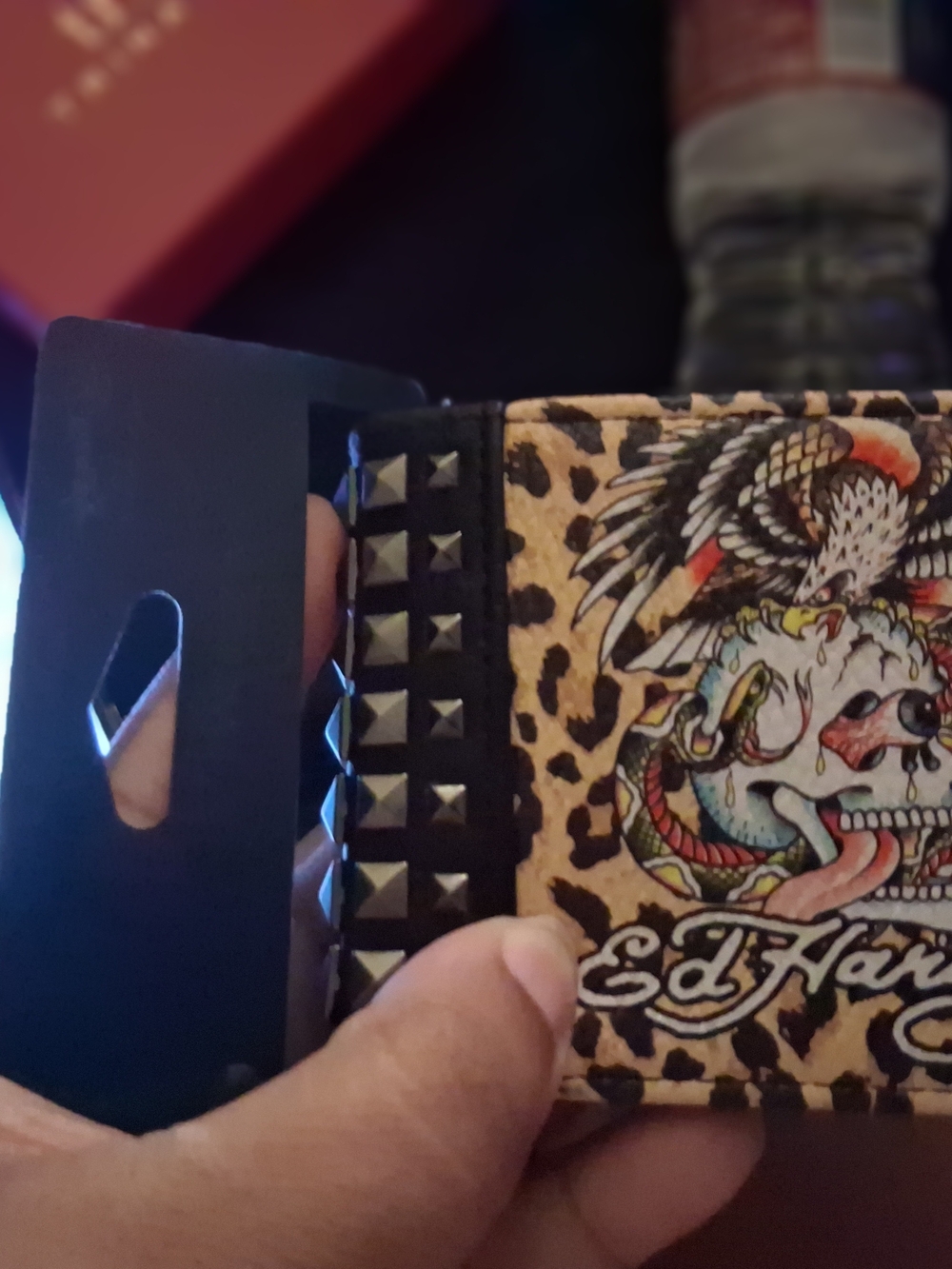 Ed Hardy Leopard Print Studded Money Clip - Black, Tan, Multicolor Artwork